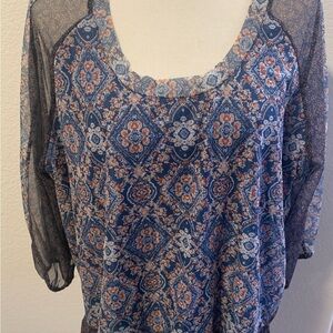 Suzanne Betro Blue and Orange Sheer Blouse